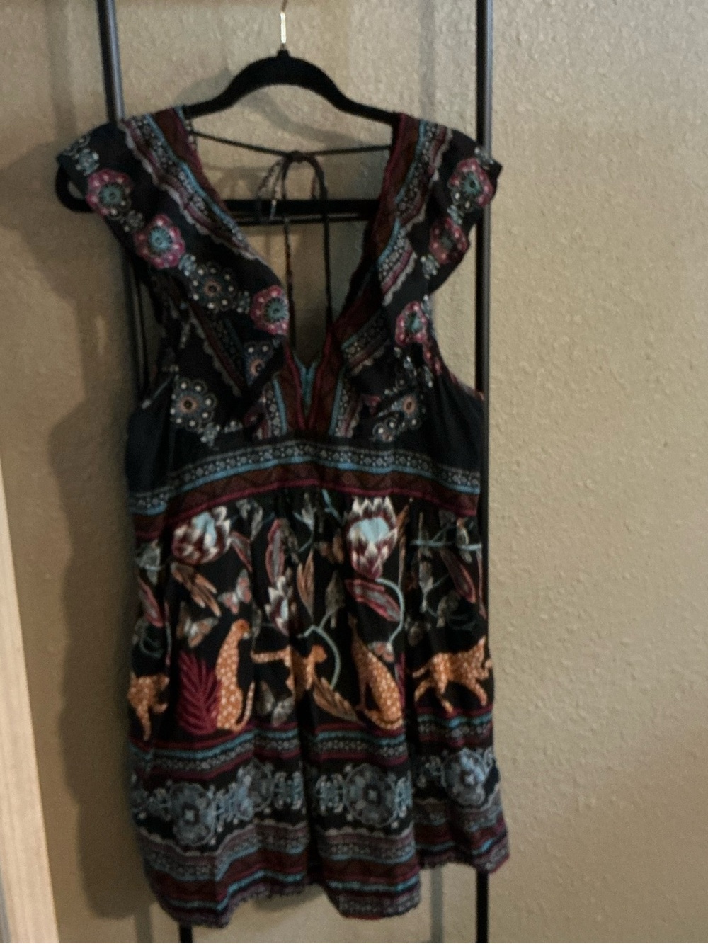 Anthropologie Black Dress with Teal and Maroon Floral Pattern